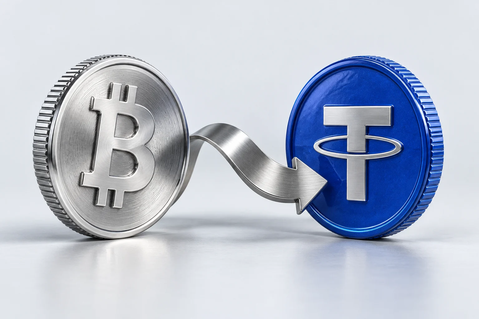 Серебряный Bitcoin и синий USDT соединены лентой перевода